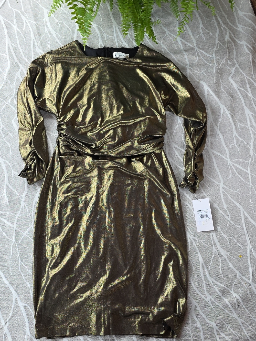Long-Sleeve Metallic Gold Ruched Waist Dress